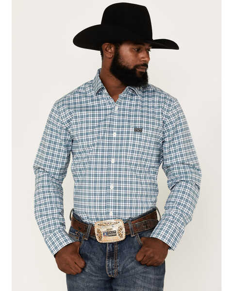 Kimes Ranch Men's Taos Small Plaid Print Long Sleeve Button Down Western Shirt, Blue, hi-res