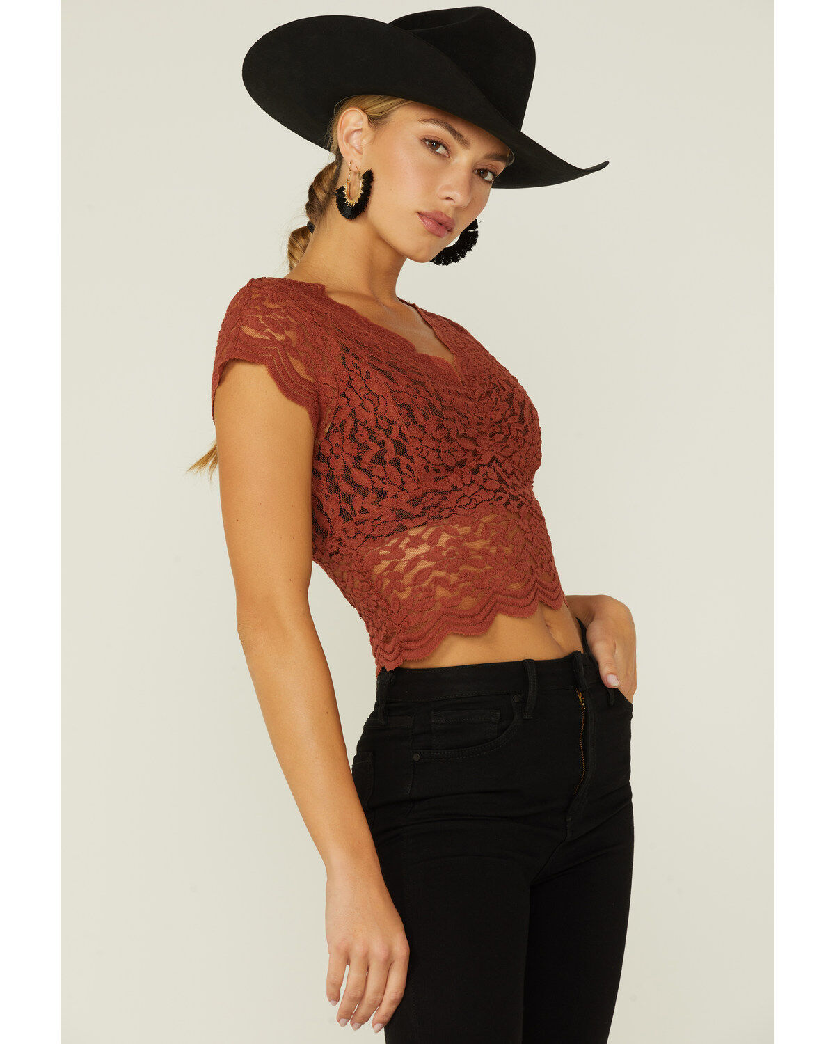 Image #1 - Shyanne Women's Lace Knit Flutter Sleeve Crop Top, Brandy Brown, hi-res