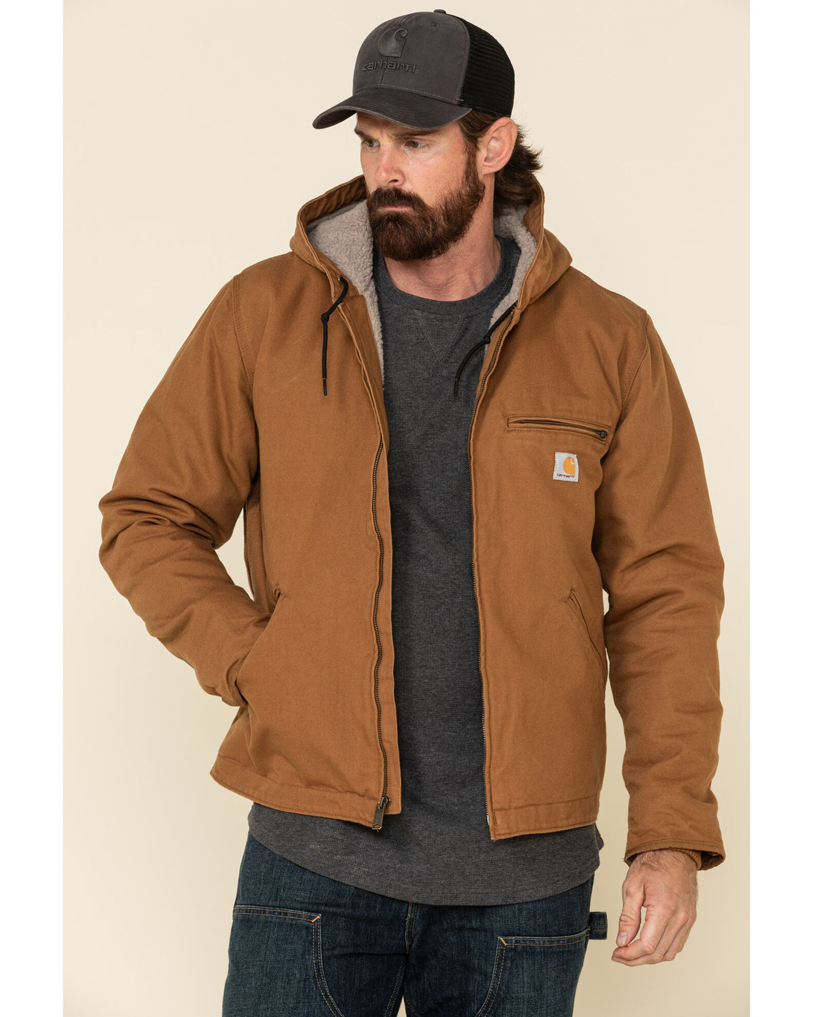 Carhartt Men's Washed Duck Sherpa Lined Hooded Work Jacket | Boot Barn