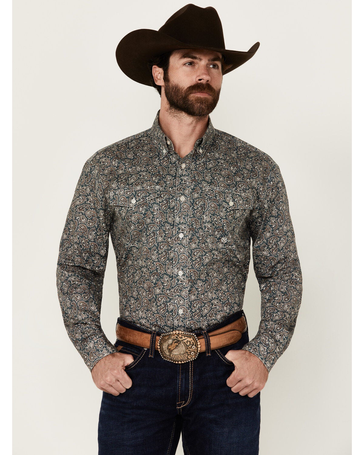 Roper Men's Amarillo Paisley Print Long Sleeve Button-Down Western Shirt, Brown, hi-res