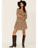 Very J Women's Leopard Long Sleeve Tiered Mini Dress, Tan, hi-res