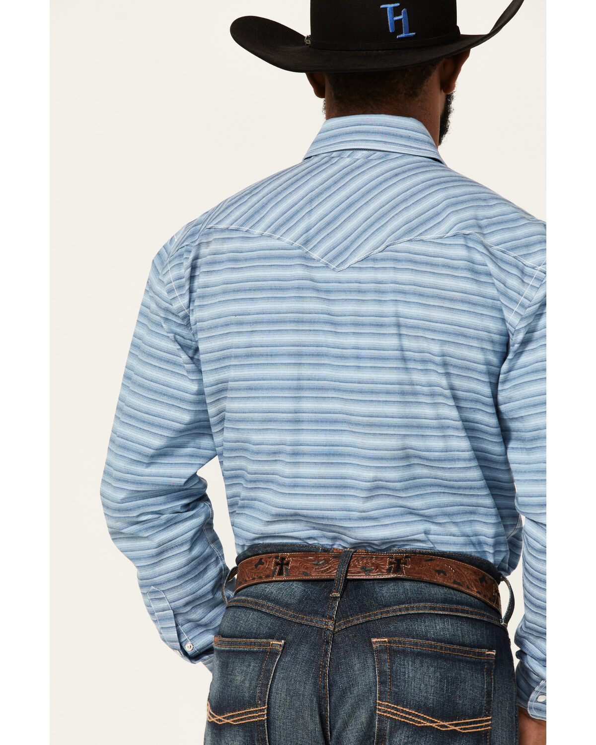 Image #4 - Rough Stock By Panhandle Men's Horizontal Dobby Stripe Long Sleeve Pearl Snap Western Shirt, Blue, hi-res