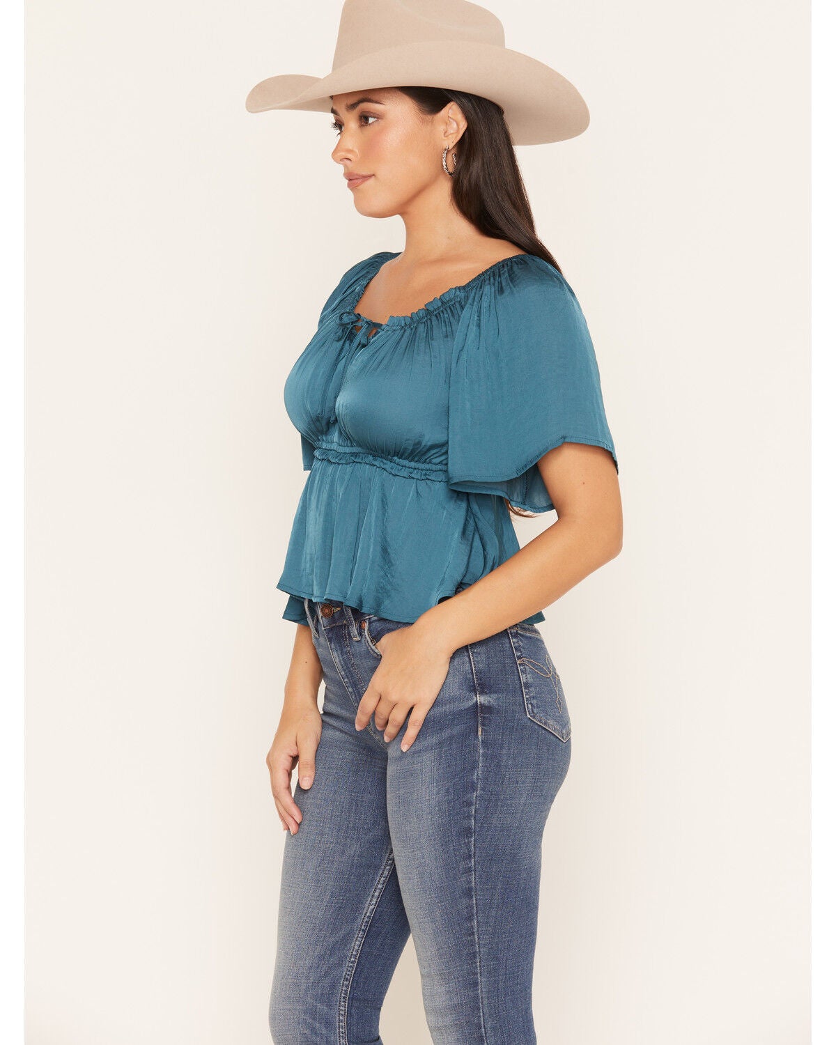 Image #2 - Shyanne Women's Hailey Satin Flounce Short Sleeve Peasant Blouse, Teal, hi-res