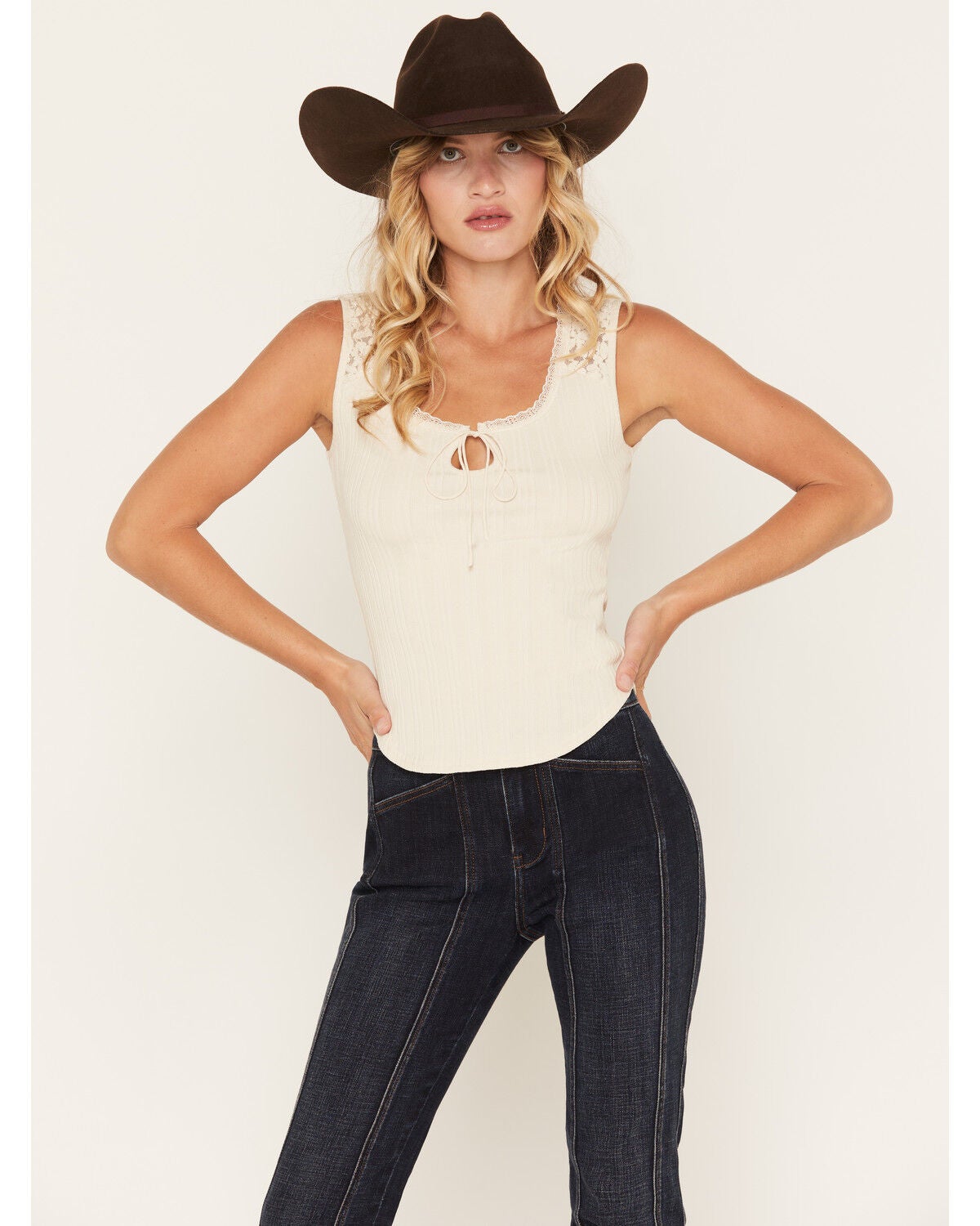 Image #1 - Shyanne Women's Rebecca Short Sleeve Knit Lace Tank, Natural, hi-res