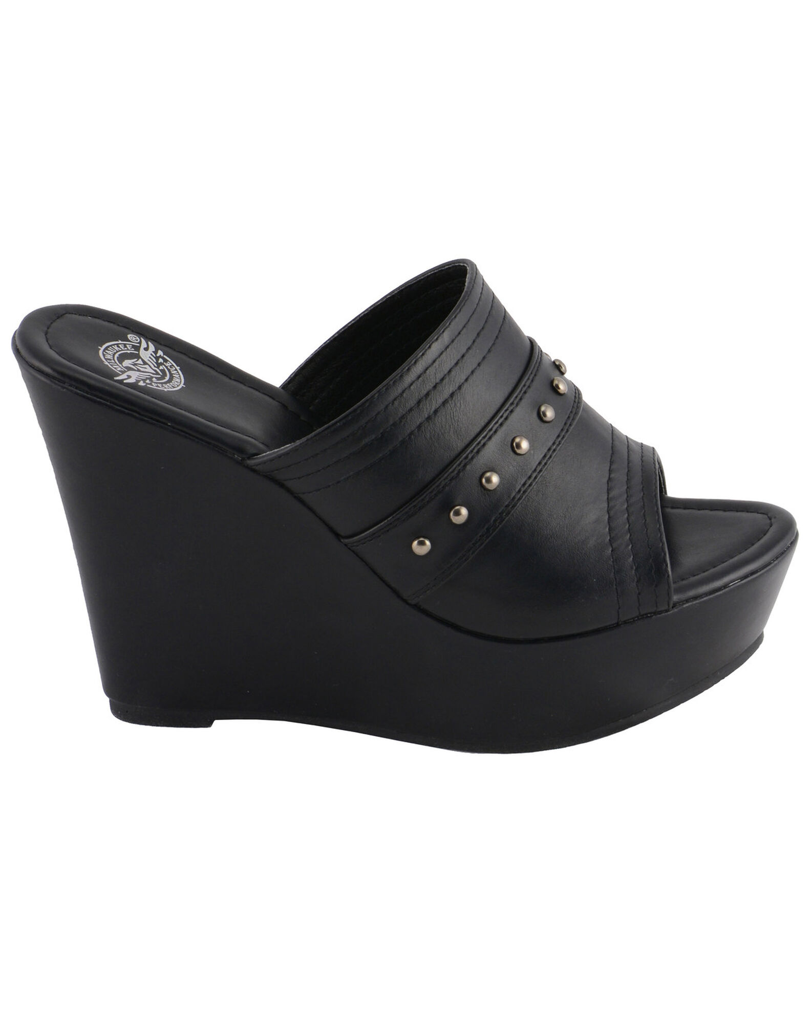 Image #3 - Milwaukee Leather Women's Rivet Detail Open Toe Wedge Sandals, Black, hi-res
