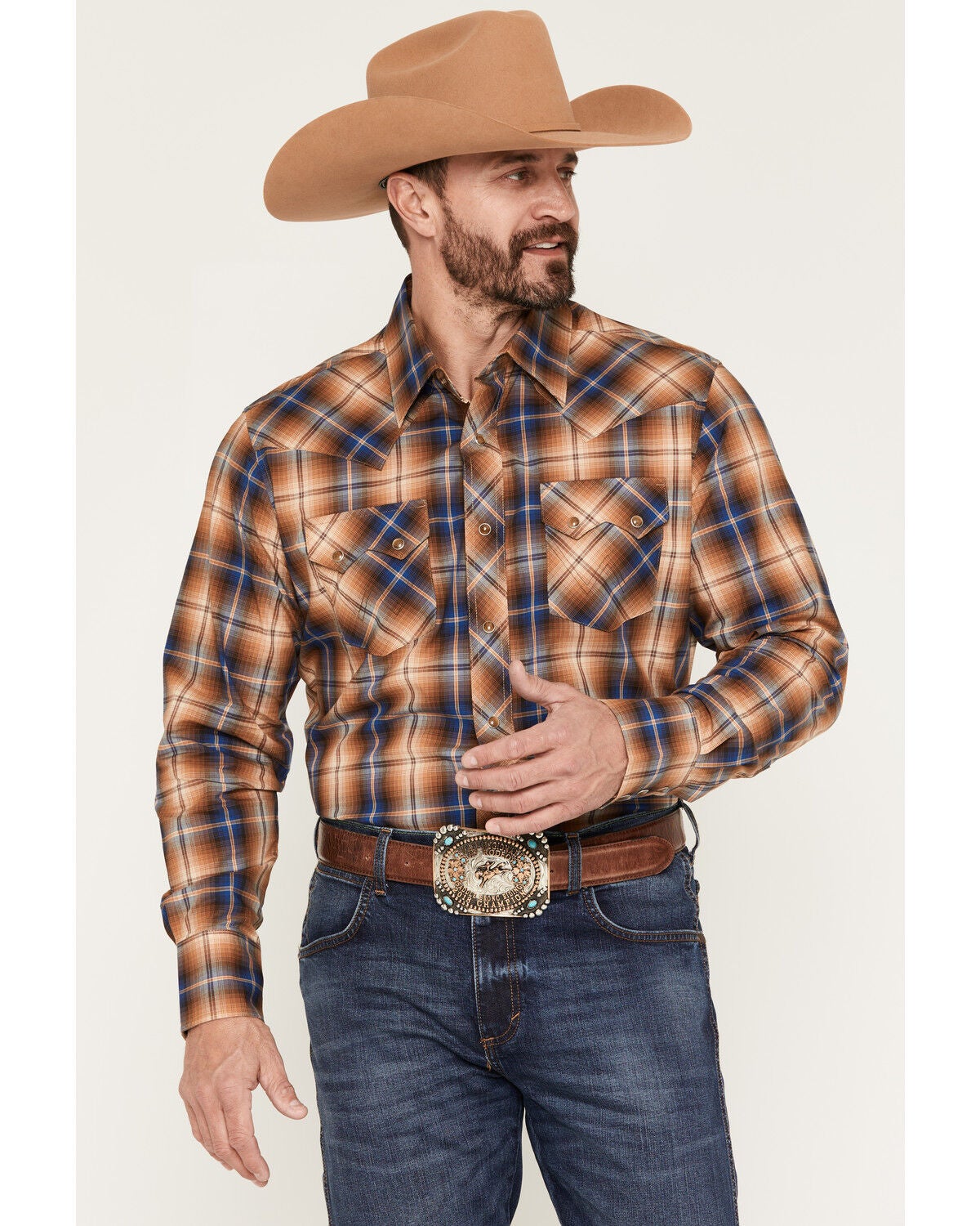 Image #1 - Wrangler Retro Men's Plaid Print Long Sleeve Snap Western Shirt, Brown, hi-res