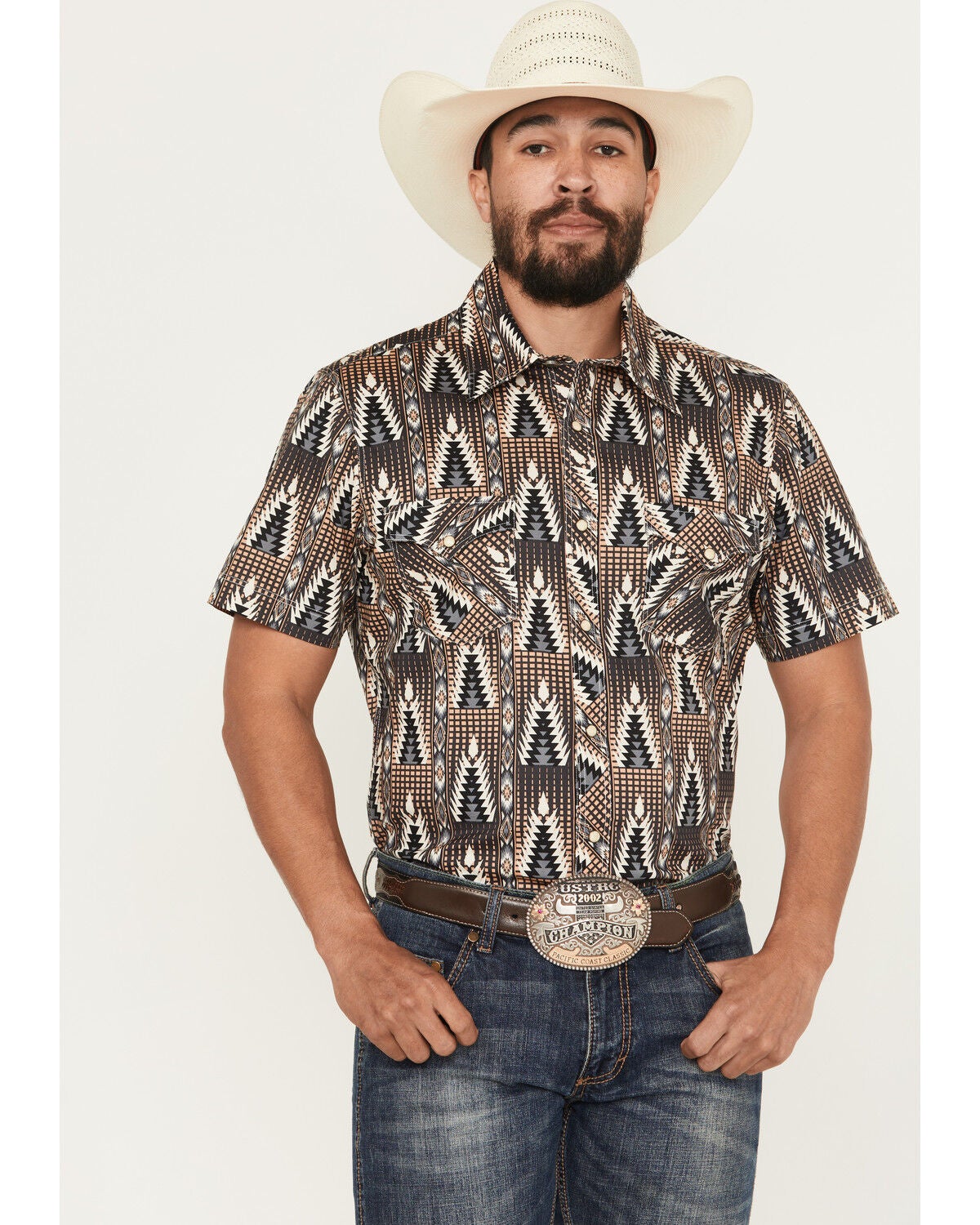 Rock & Roll Denim Men's Southwestern Print Short Sleeve Snap Stretch Western Shirt, Black, hi-res