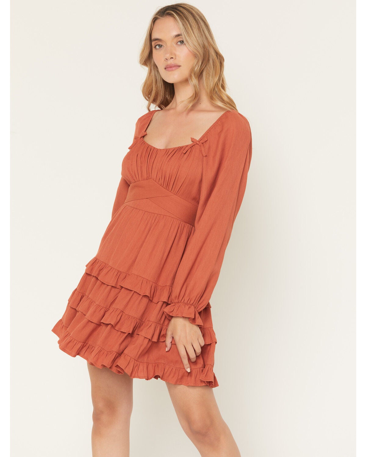 Ash & Violet Women's Boot Barn Exclusive Solid Bow Long Sleeve Mini Dress, Rust Copper, hi-res