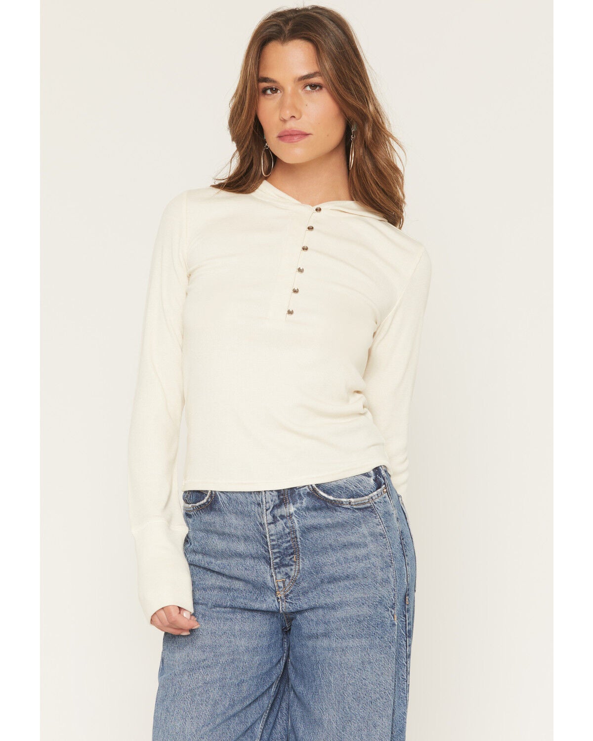 Shyanne Women's Zelma Henley Hooded Long Sleeve Top, Sand, hi-res