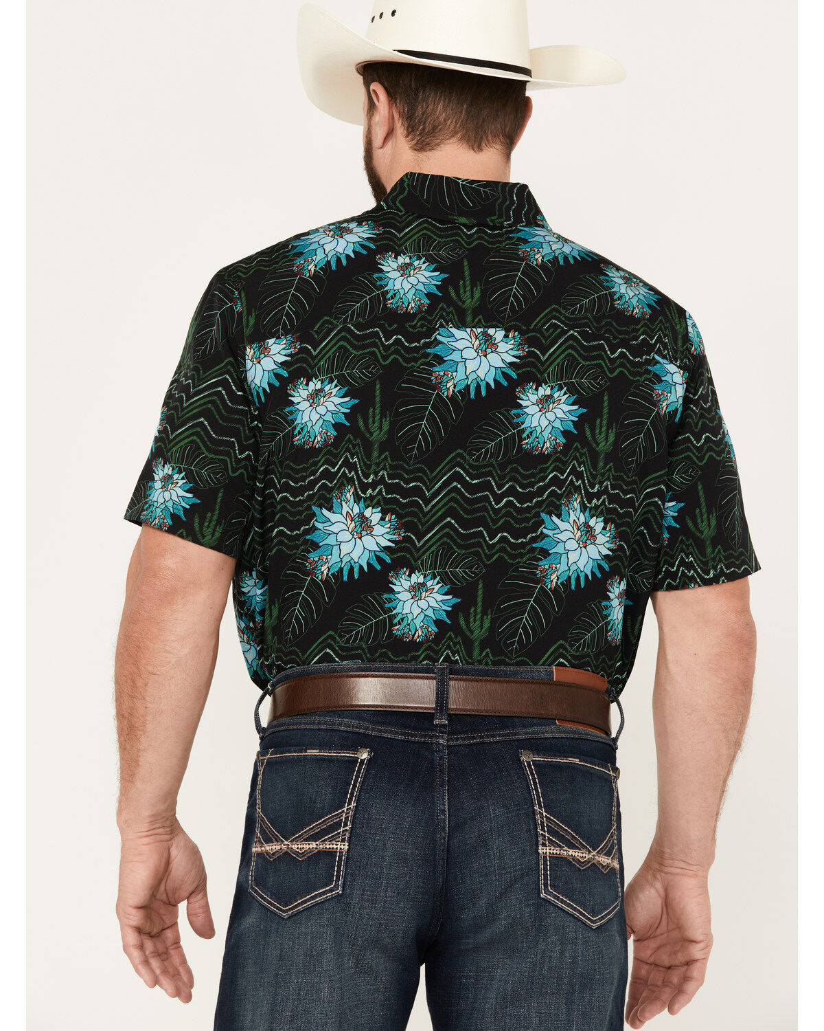 Image #4 - Panhandle Men's Tropical Print Short Sleeve Snap Stretch Western Shirt, Black, hi-res