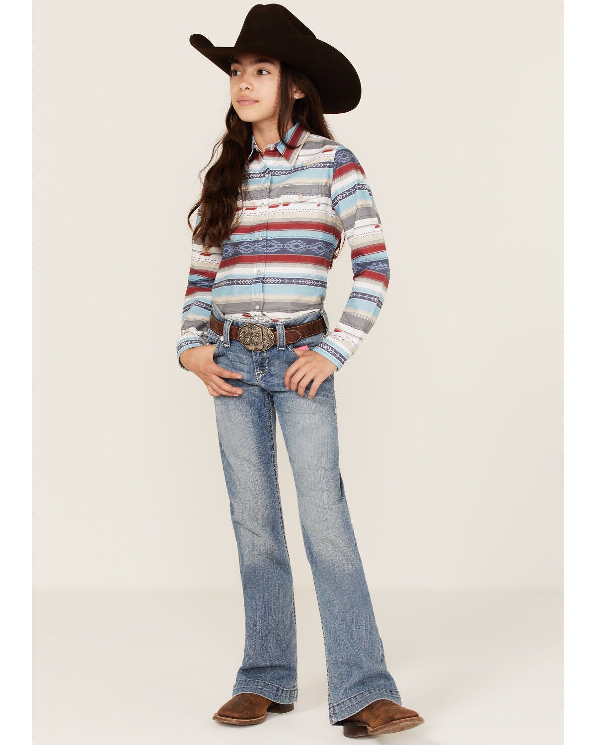 Image #2 - Roper Girls' West Made Southwestern Stripe Print Long Sleeve Western Snap Shirt, , hi-res