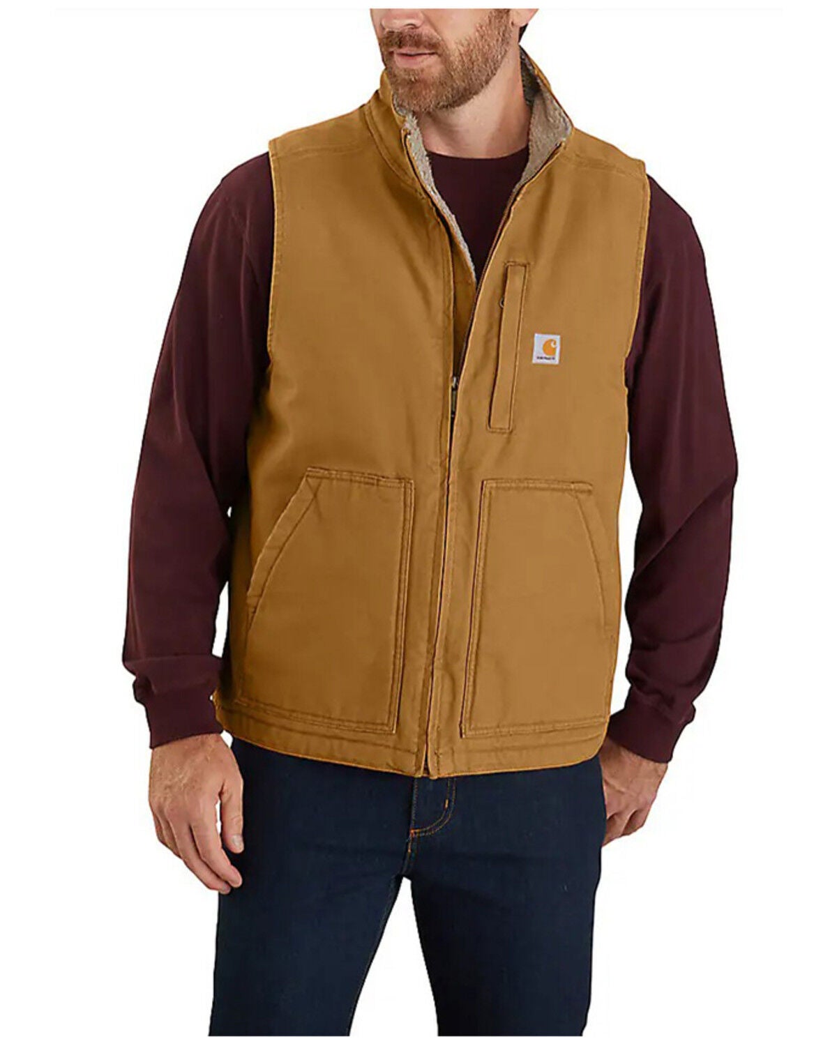Carhartt Men's Brown Washed Duck Sherpa Lined Mock Neck Work Vest, Brown, hi-res