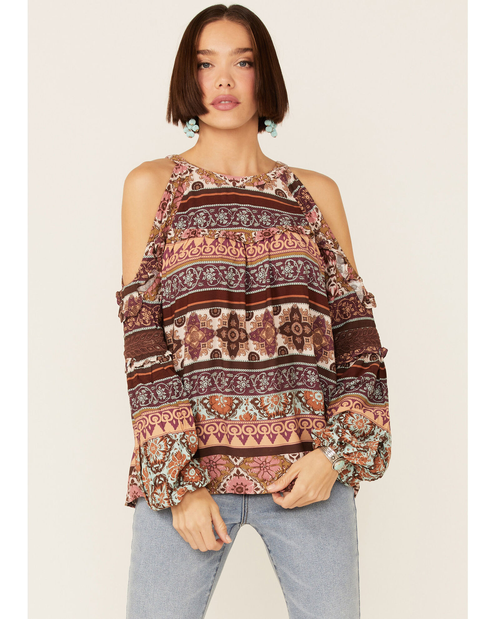 Image #1 - Miss Me Women's Vertical Print Cold Shoulder Bell Sleeve Woven Top, Rust Copper, hi-res