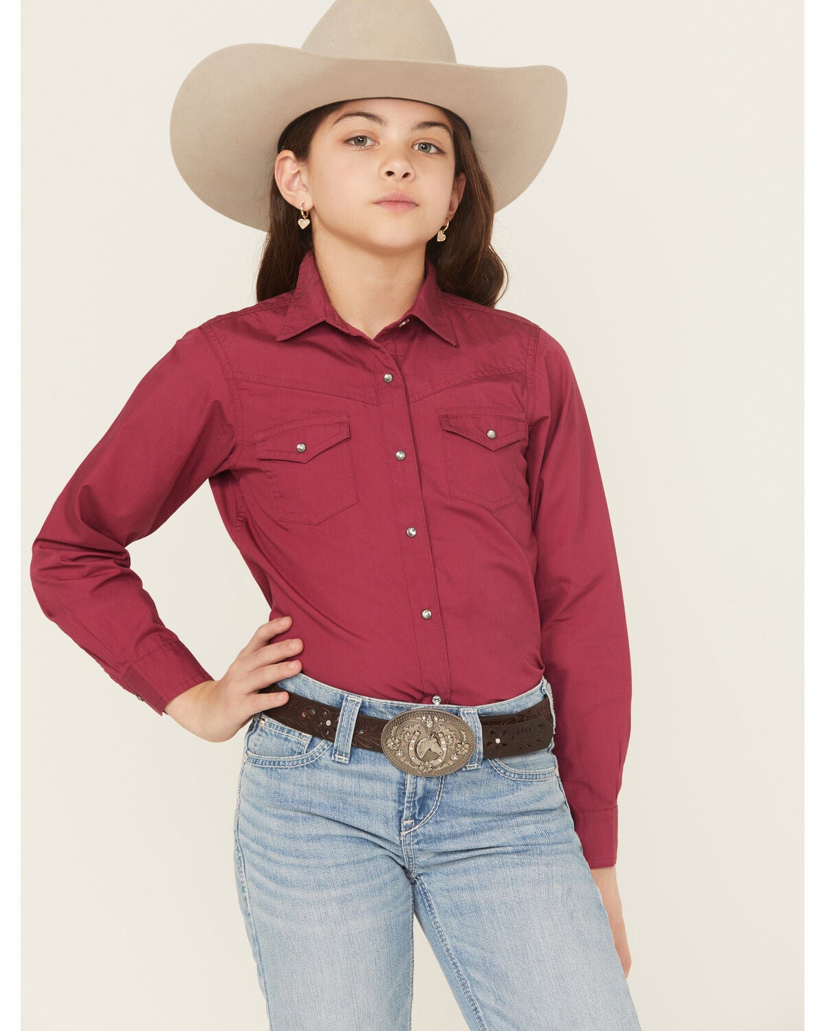 Ariat Girls' Shine Bright Solid Long Sleeve Rhinestone Snap Western Shirt, Maroon, hi-res