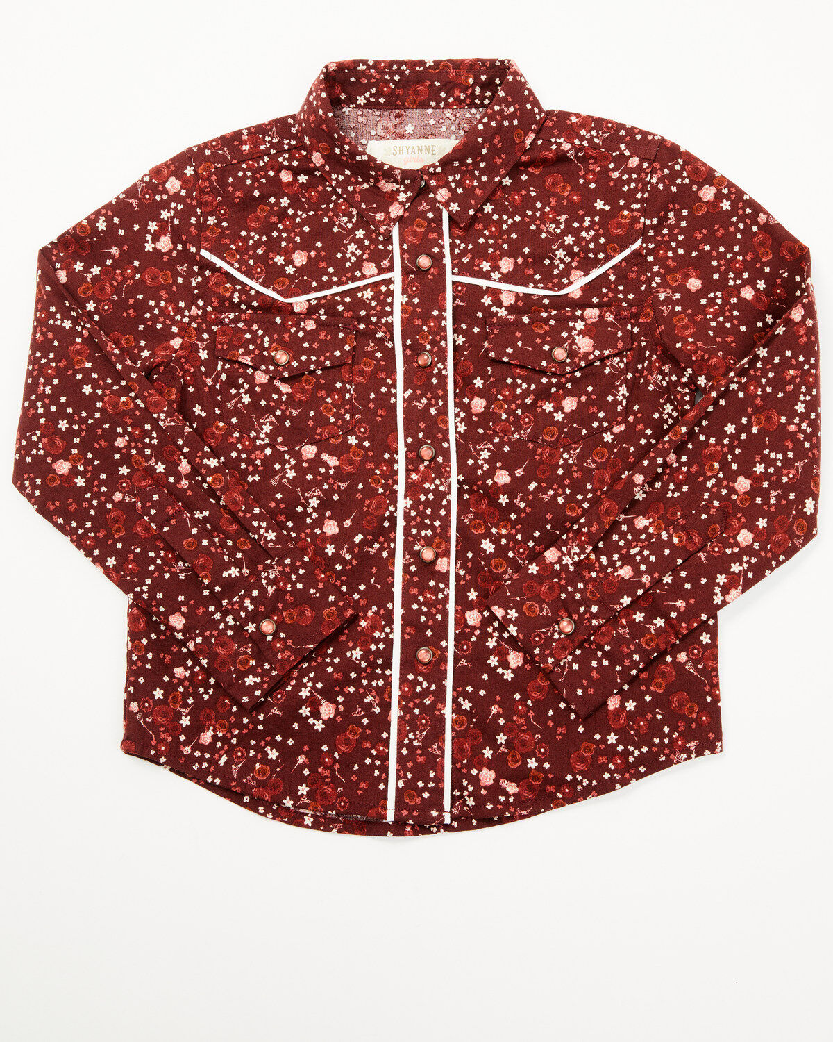 Image #1 - Shyanne Toddler Girls' Dakota Floral Print Long Sleeve Pearl Snap Western Shirt, Mahogany, hi-res