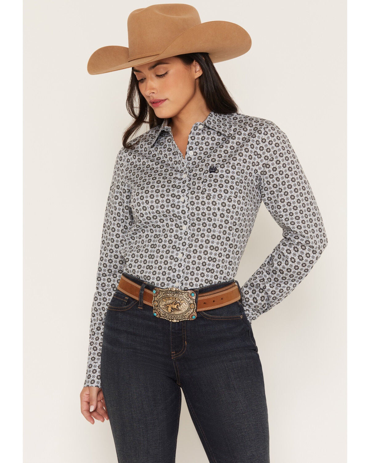 Cinch Women's Geo Print Long Sleeve Button-Down Western Shirt, Light Blue, hi-res