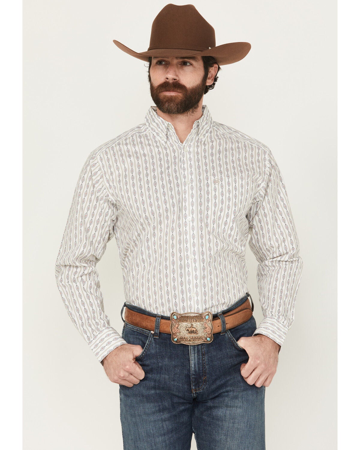 Ariat Men's William Geo Striped Print Long Sleeve Button-Down Western Shirt, White, hi-res