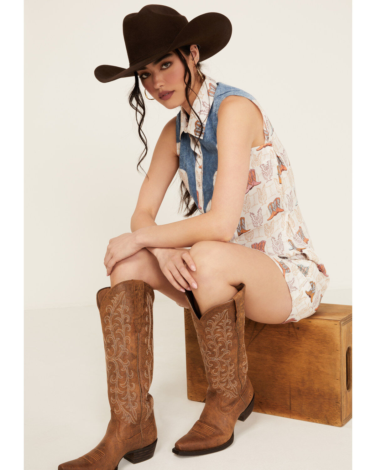 Image #1 - Panhandle Women's Boot Print Sleeveless Pearl Snap Mini Dress, Cream, hi-res