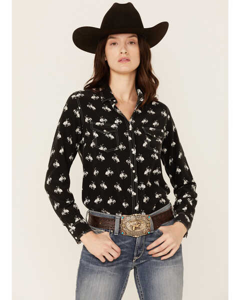 RRR Women's Bucking Horse Print Western Snap Shirt, Black, hi-res