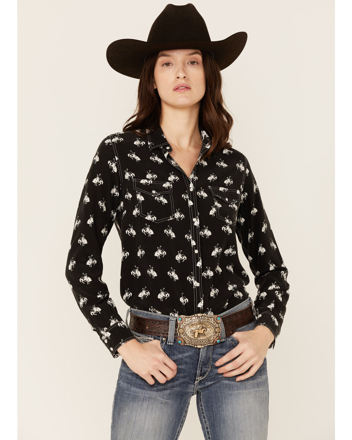 Image #1 - RRR Women's Bucking Horse Print Long Sleeve Snap Western Shirt, Black, hi-res