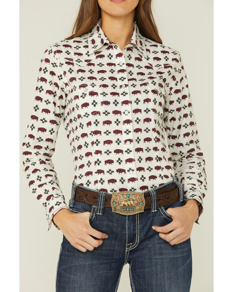 Rock & Roll Denim Women's Buffalo Print Long Sleeve Snap Western Shirt, Natural, hi-res