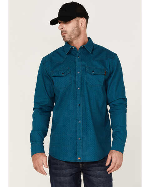 Cody James Men's FR Geo Print Long Sleeve Snap Work Shirt , Blue, hi-res