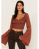 Shyanne Women's Embroidered Mesh Dot Poet Sleeve Crop Top, Brown, hi-res