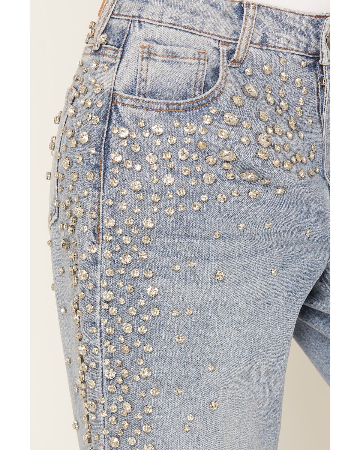 Image #2 - Cello Women's Medium Wash Mid Rise Rhinestone Embellished Wide Leg Stretch Denim Jeans, Medium Wash, hi-res