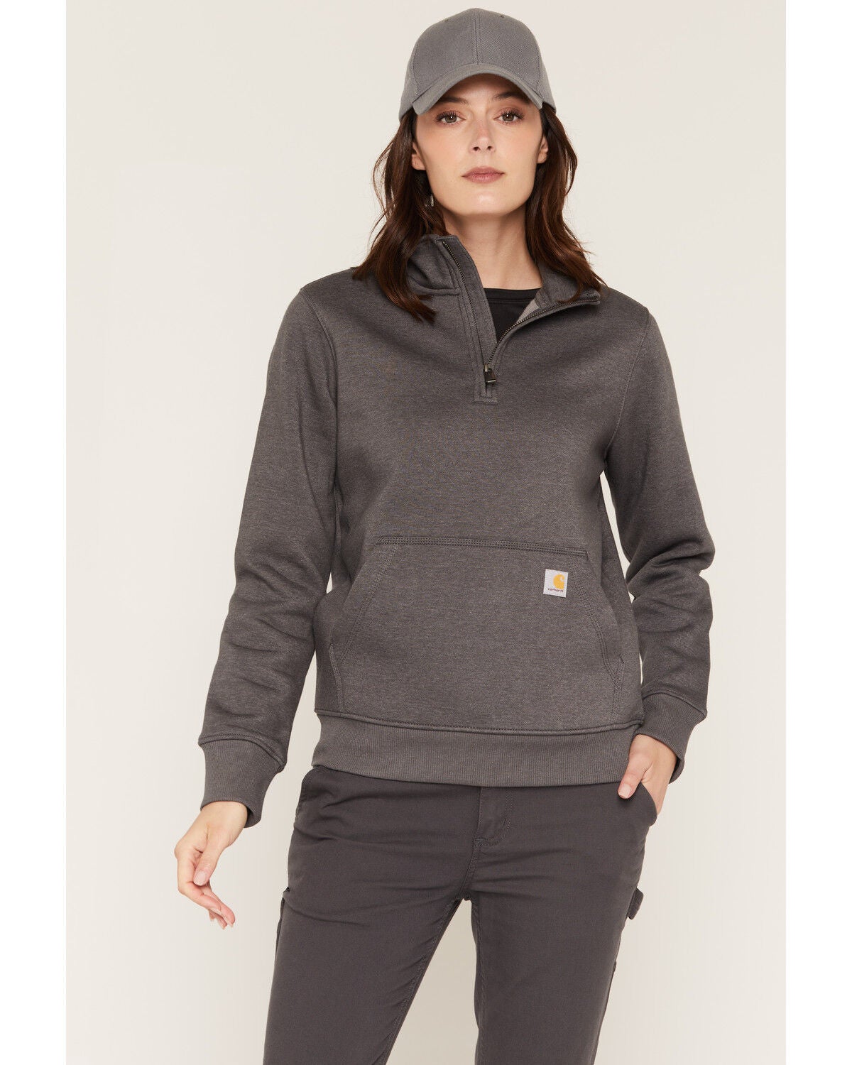 Carhartt Women's Relaxed Fit Midweight Quatre-Zip Mock-Neck Pullover, Charcoal, hi-res