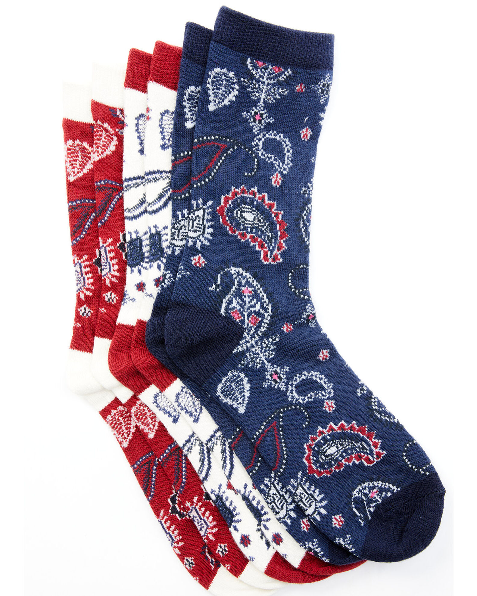 Shyanne Women's 3-Pack Red White & Blue Paisley Pattern Crew Socks