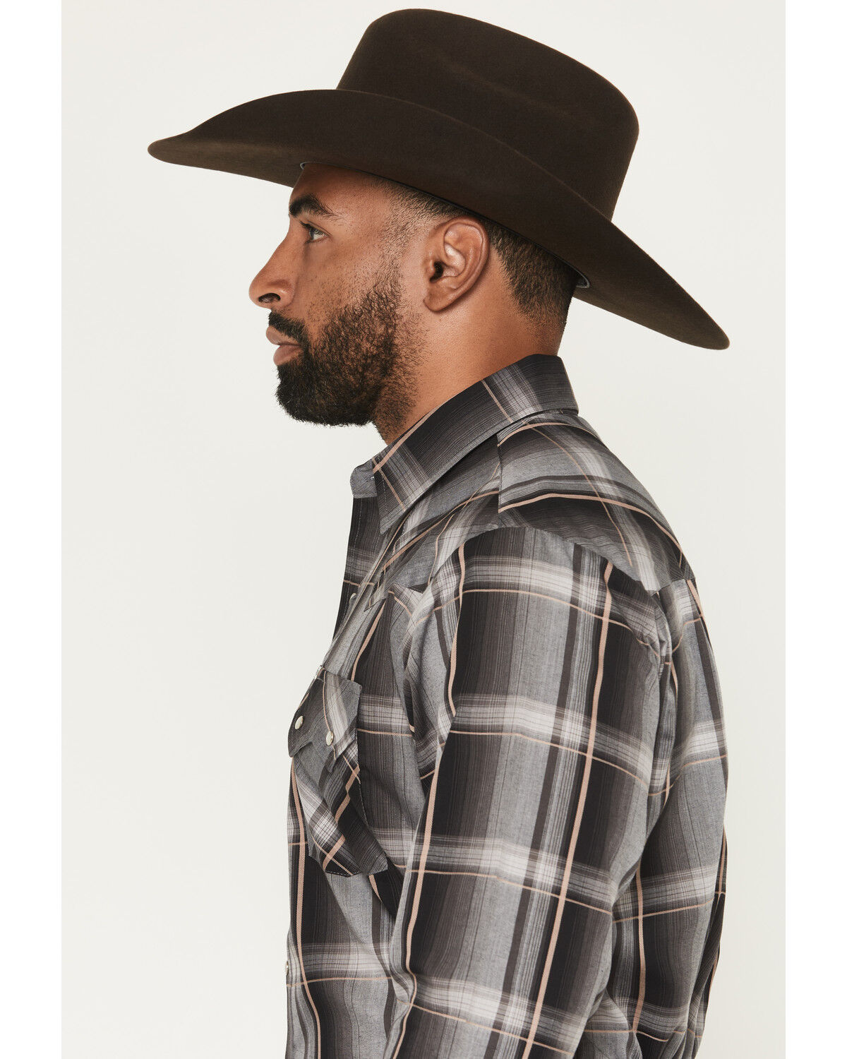 Image #2 - Ely Walker Men's Plaid Print Long Sleeve Pearl Snap Western Shirt, Black, hi-res