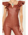Flying Tomato Women's Faux Leather Flare Jumpsuit, Rust Copper, hi-res