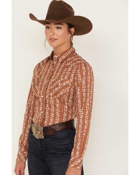 Image #2 - Wrangler Women's Floral Dot Stripe Print Long Sleeve Western Pearl Snap Shirt, Rust Copper, hi-res