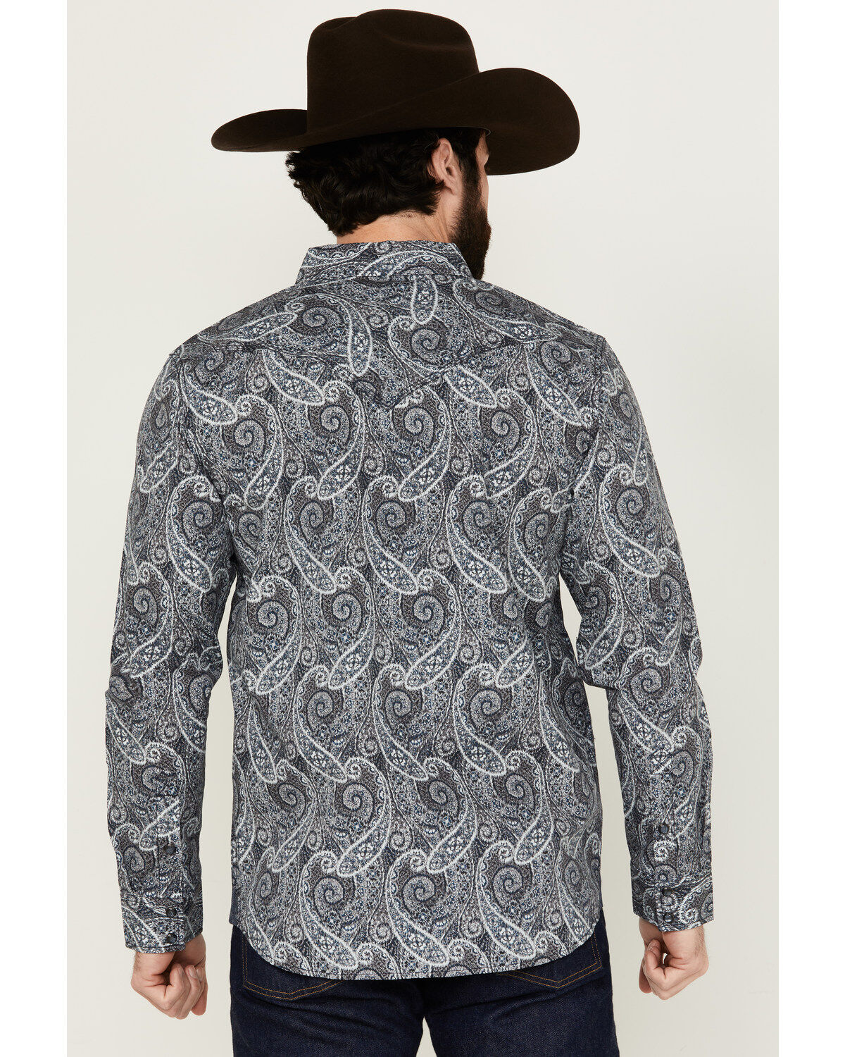 Image #4 - Moonshine Spirit Men's Crossing Paisley Print Long Sleeve Pearl Snap Western Shirt, Navy, hi-res