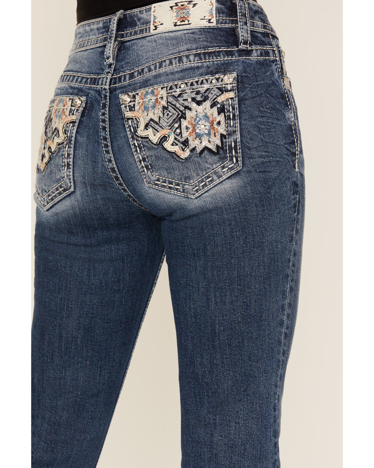 Image #2 - Miss Me Women's Medium Wash Mid Rise Geo Pocket 32" Bootcut Stretch Denim Jeans, Medium Wash, hi-res