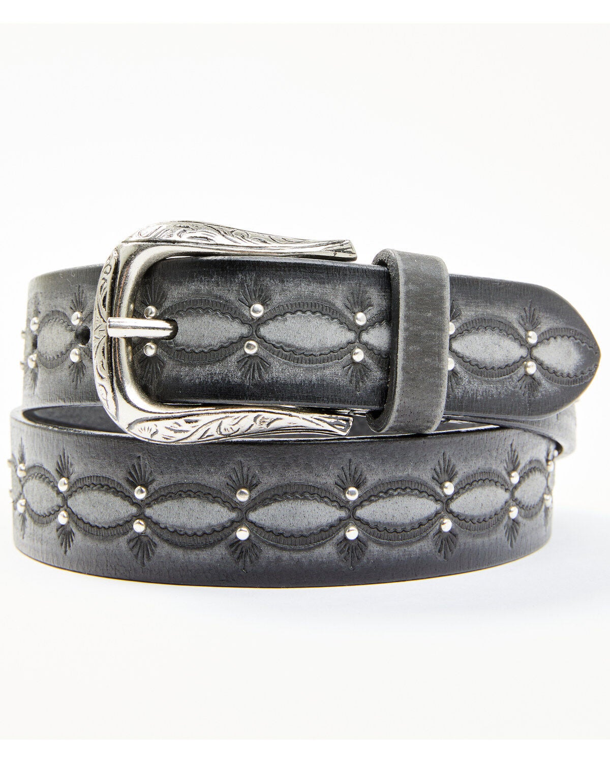 Shyanne Women's Embossed & Studded Leather Belt, Black/grey, hi-res