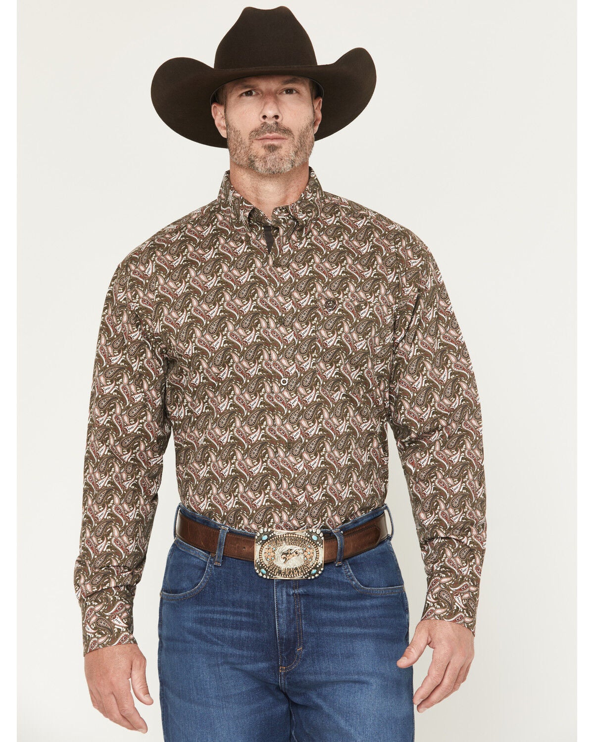 George Strait by Wrangler Men's Paisley Print Long Sleeve Button-Down Stretch Western Shirt - Tall, Brown, hi-res