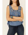 Wrangler Retro Women's Americana Chambray Embroidered Neck Tank Top , Blue, hi-res