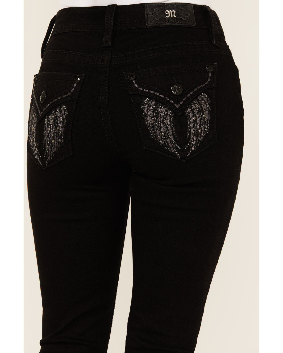 Image #2 - Miss Me Women's Mid Rise Wing Pocket Bootcut Stretch Denim Jeans, Black, hi-res