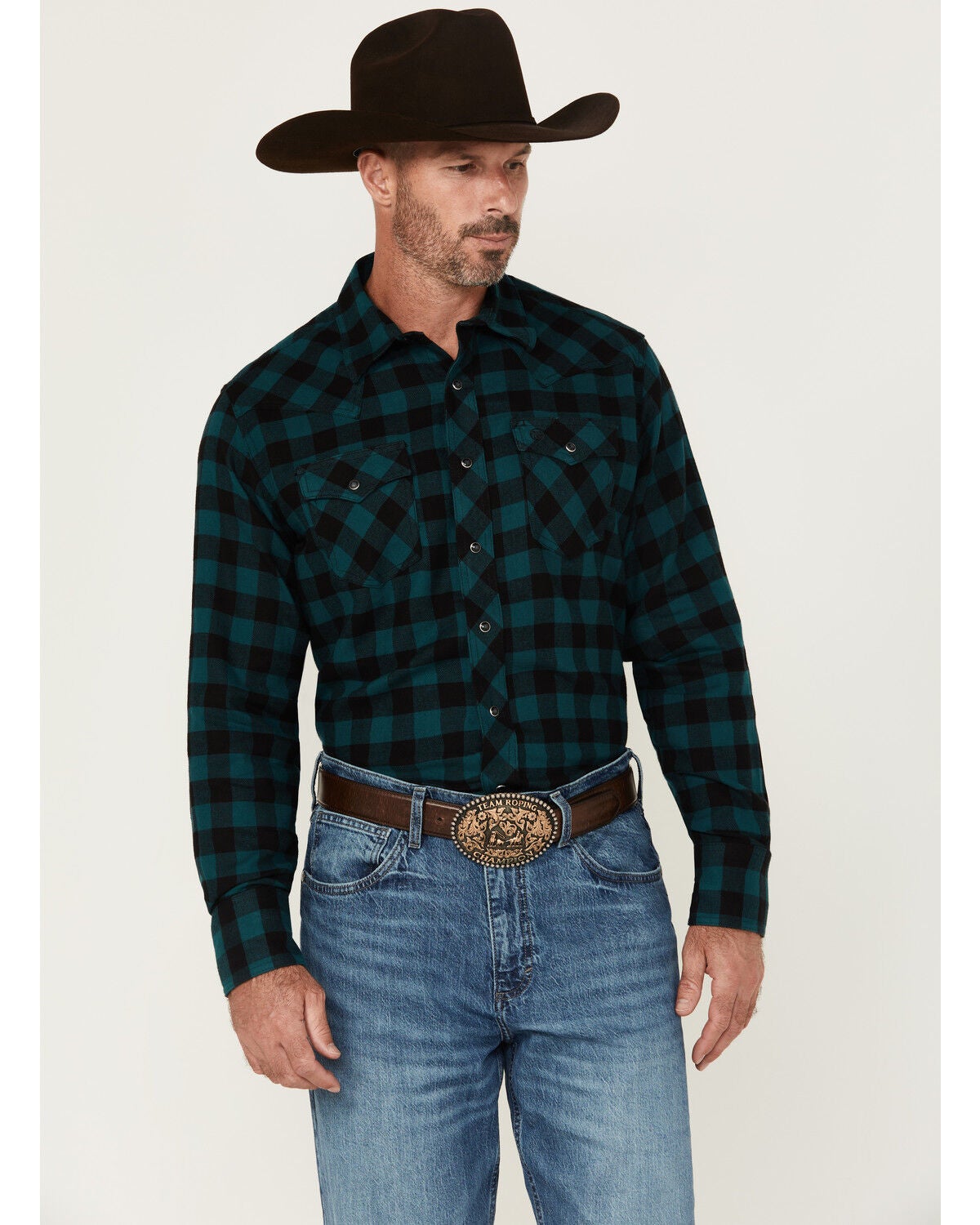 Wrangler Retro Men's Checkered Print Long Sleeve Snap Flannel Shirt, Dark Teal, hi-res