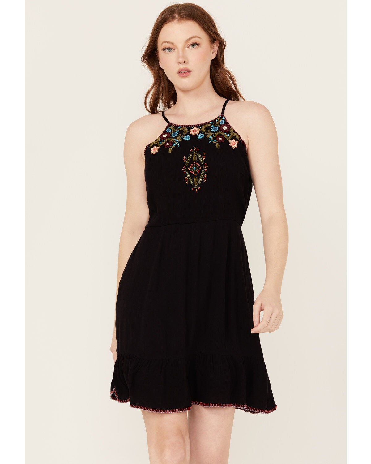 Idyllwind Women's Wolfeboro Embroidered And Beaded Halter Mini Dress, Black, hi-res