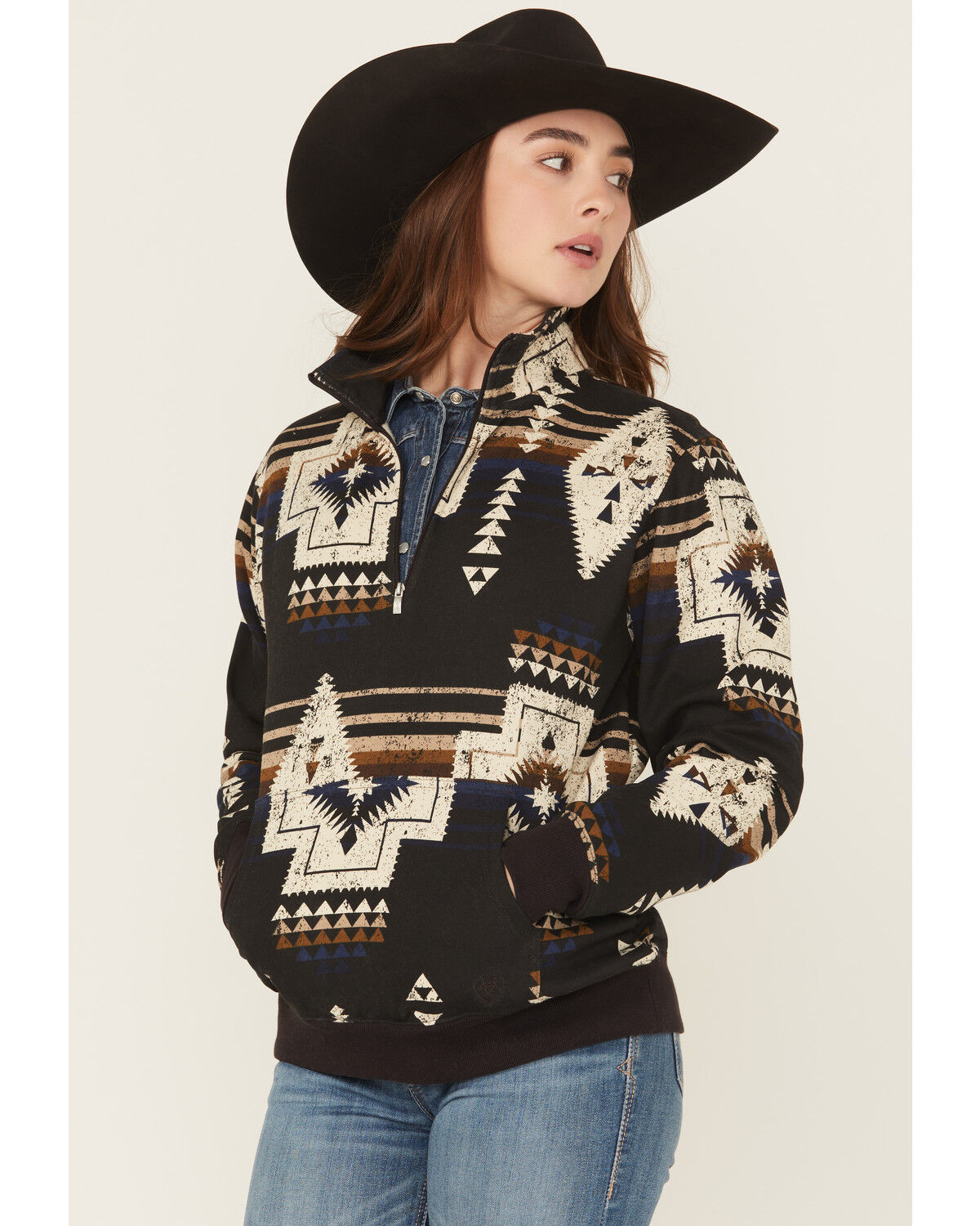 Image #1 - Ariat Women's Southwestern Print 1/4 Zip Pullover, Black, hi-res