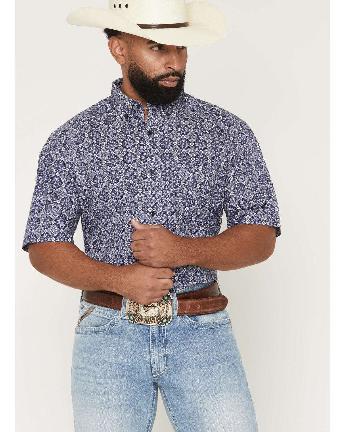 Ariat Men's Bill Medallion Print Short Sleeve Button-Down Western Shirt - Big, Blue, hi-res