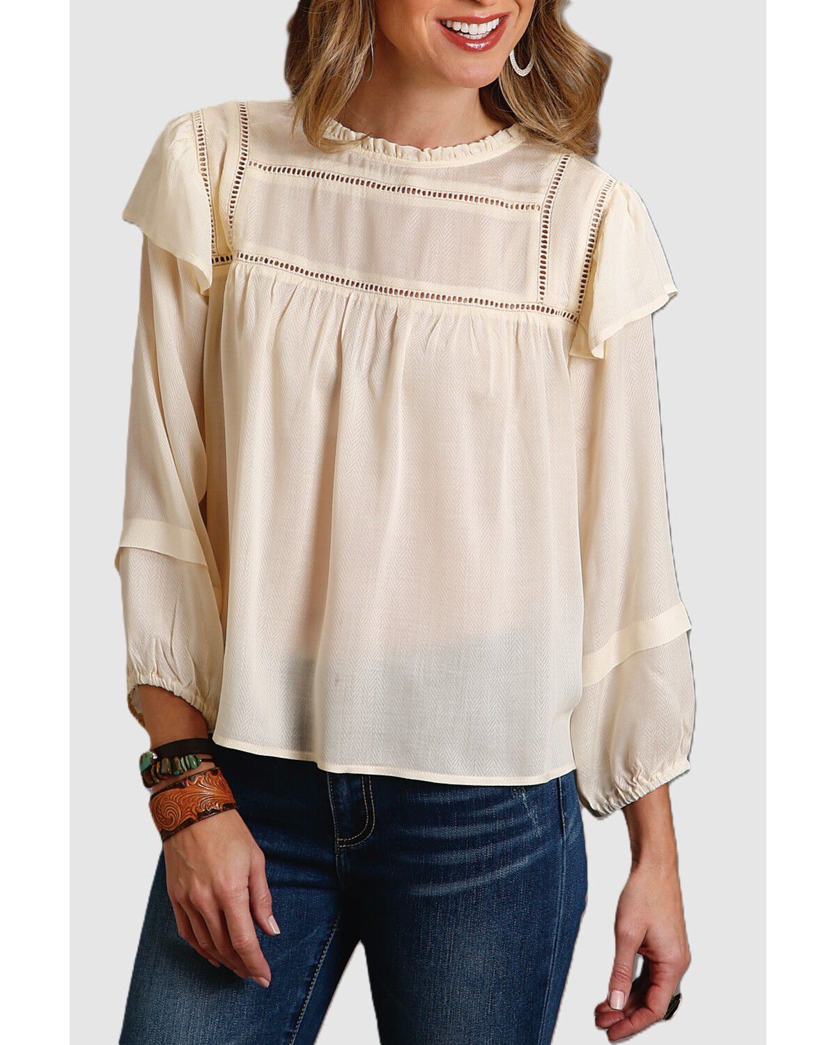 Image #1 - Stetson Women's Cream Herringbone Pleated Long Sleeve Blouse Top, Cream, hi-res