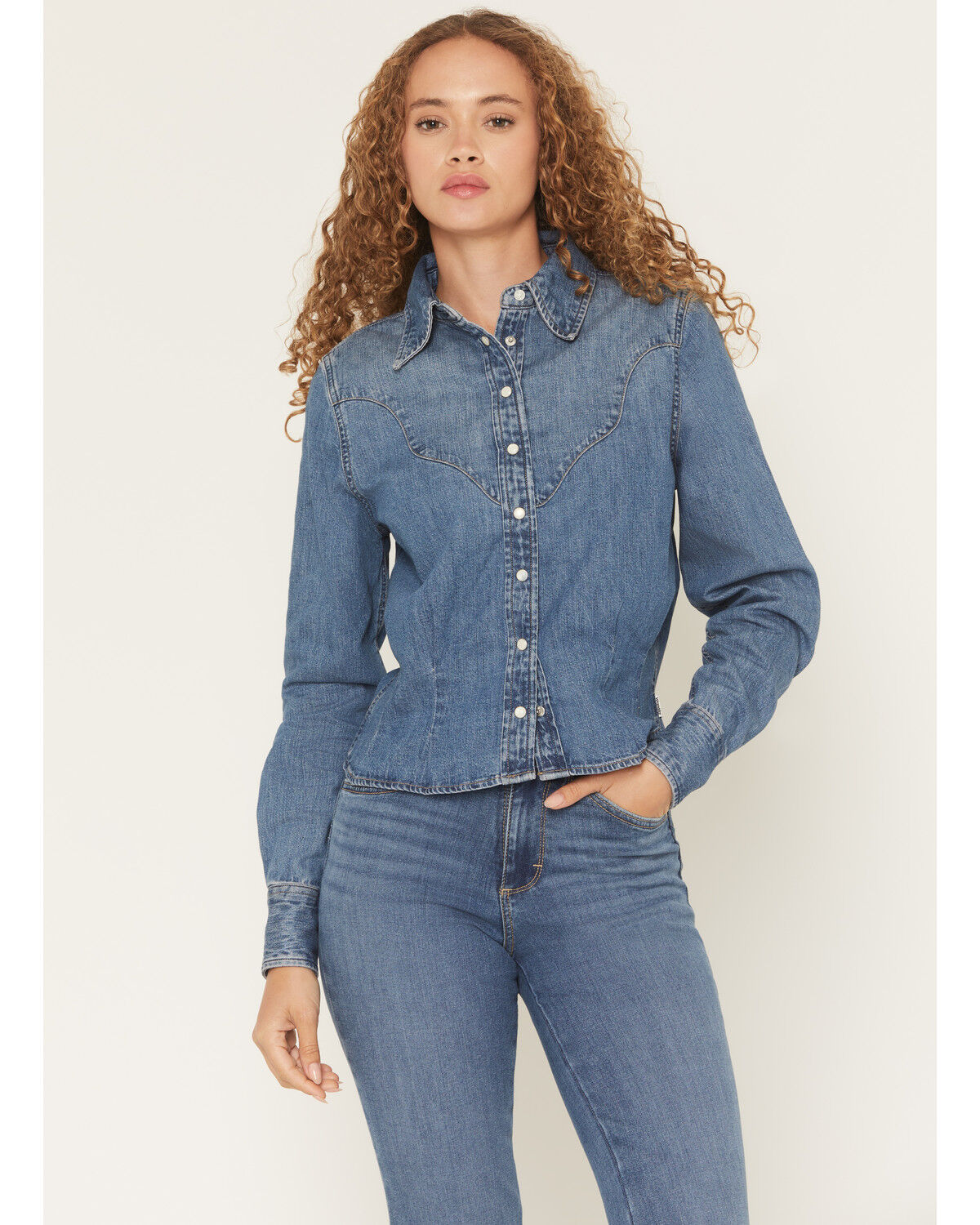 Wrangler Women's Medium Wash Peplum Long Sleeve Snap Denim Shirt, Medium Wash, hi-res