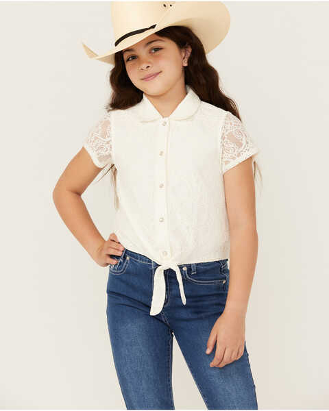 Shyanne Girls' Aspen Pearl Snap Tie-Front Short Sleeve Shirt, Off White, hi-res