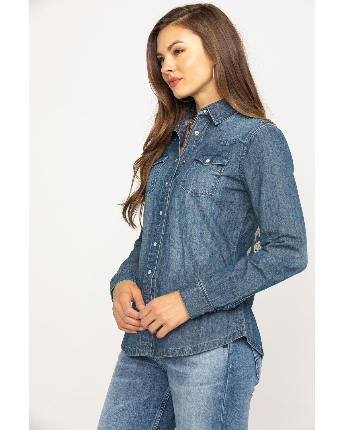 Image #3 - Stetson Women's Floral Embroidered Denim Long Sleeve Pearl Snap Western Shirt, , hi-res