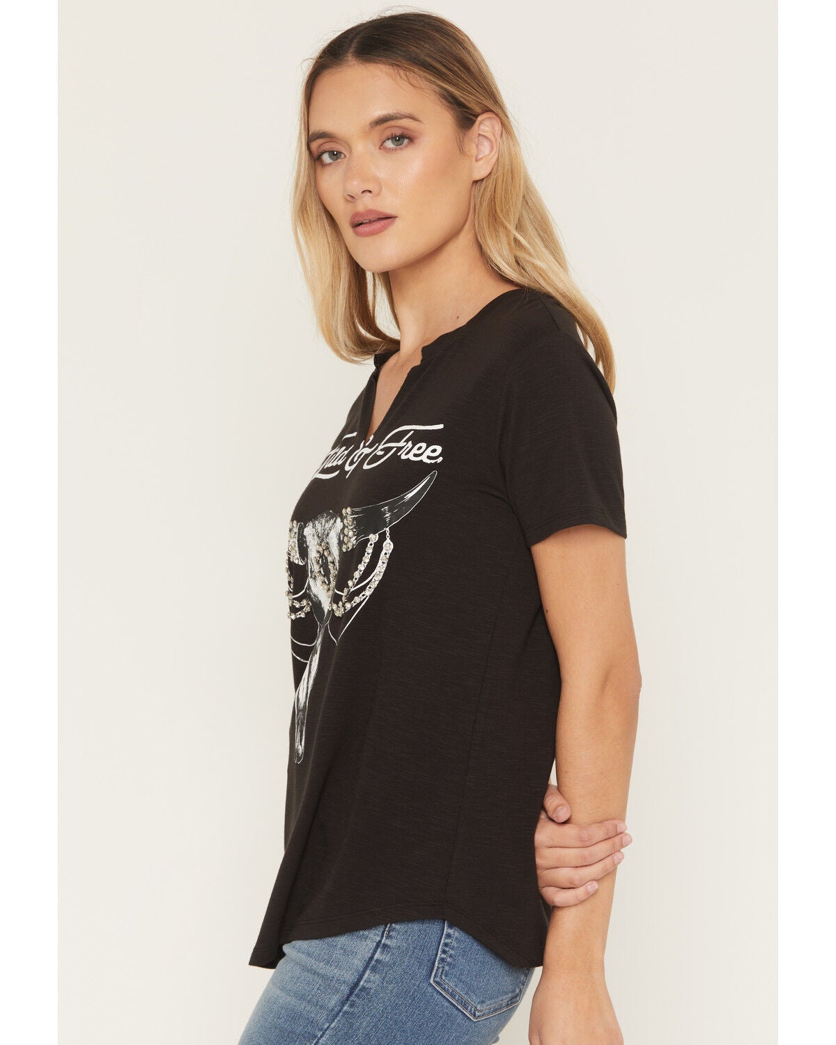 Image #2 - Blended Women's Steer Head Rhinestone Short Sleeve Graphic Tee, Black, hi-res