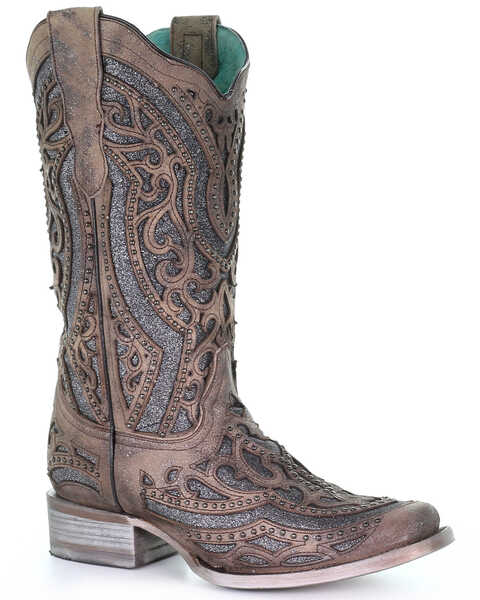 Corral Women's Brown Inlay & Flower Embroidery Western Boots - Square Toe, Brown, hi-res