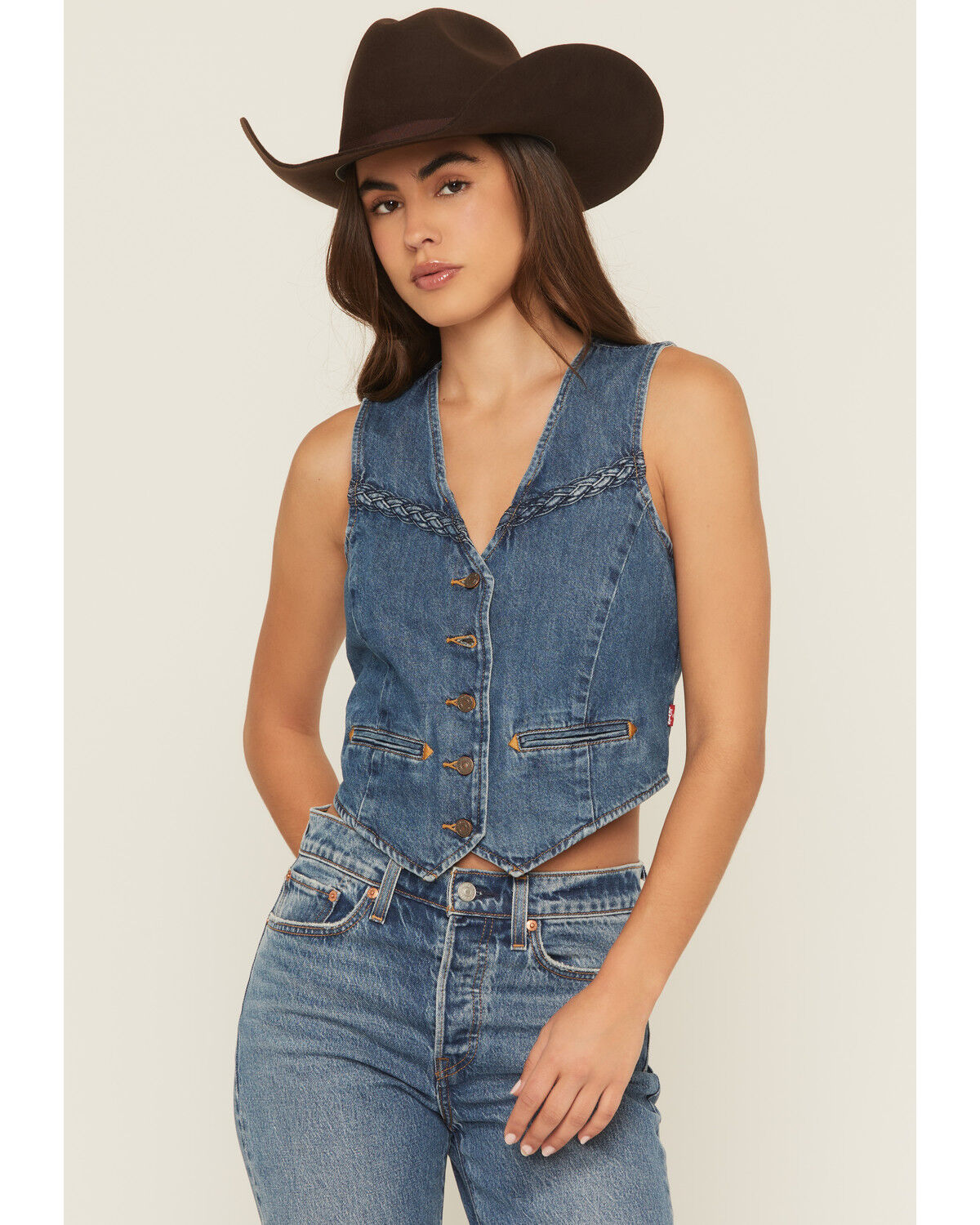 Image #1 - Levi's Premium Women's Big Yikes Braided Denim Vest, Medium Wash, hi-res